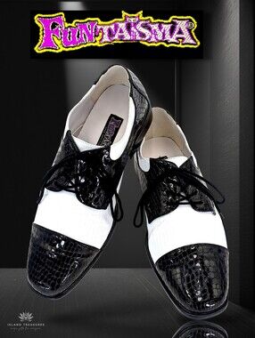 Funtasma Men Sz 9.5 Retro Vintage Black/White Oxford Croc-Embossed Cap-Toe Shoe